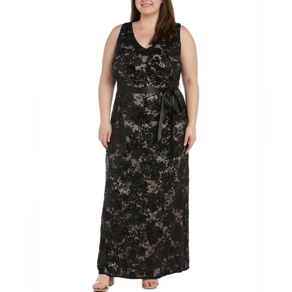R&M Richards Black and Nude Lace Tied Waist V-Neck Maxi Dress Plus Size 18W New! - Picture 1 of 11